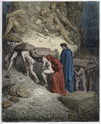 Purgatorio, Gesang 11: Die Seelen der Stolzen, die schwere Steine tragen, Illustration aus Die Göttliche Komödie von Dante Alighieri, 1885 (digital kolorierte Gravur)